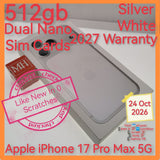 512gb dual nano sim apple iphone 17 Pro Max 5G silver white 2027 warranty full set