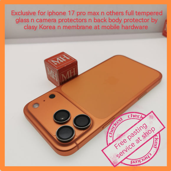 Exclusive for Apple 17 pro max n others full tempered glass n camera protectors n full back body protector by clasy Korea n membrane at mobile hardware