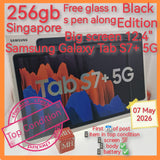 256gb big 12.4" Singapore Samsung Galaxy Tab S7+ 5g black snapdragon free glass n s pen along full set